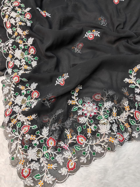 Cherry Red Thread Embroidered Tussar Silk Saree