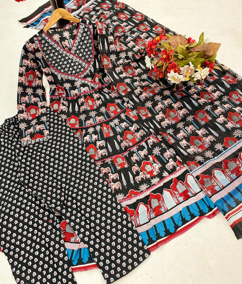 Rayon Printed Women Kurti Suit With Golden Patta Dupatta