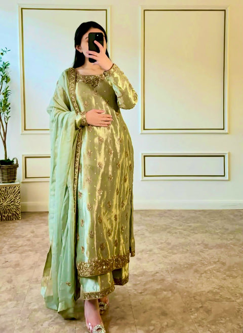 Đěsigner Party Wear Look Pur Chinon Silk Top Plazzo & Dupatta Suit