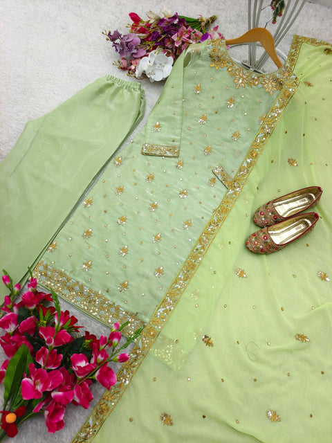 Đěsigner Party Wear Look Pur Chinon Silk Top Plazzo & Dupatta Suit