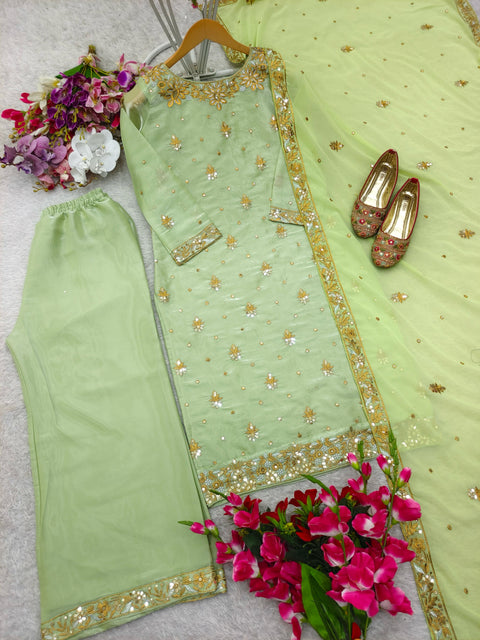 Đěsigner Party Wear Look Pur Chinon Silk Top Plazzo & Dupatta Suit