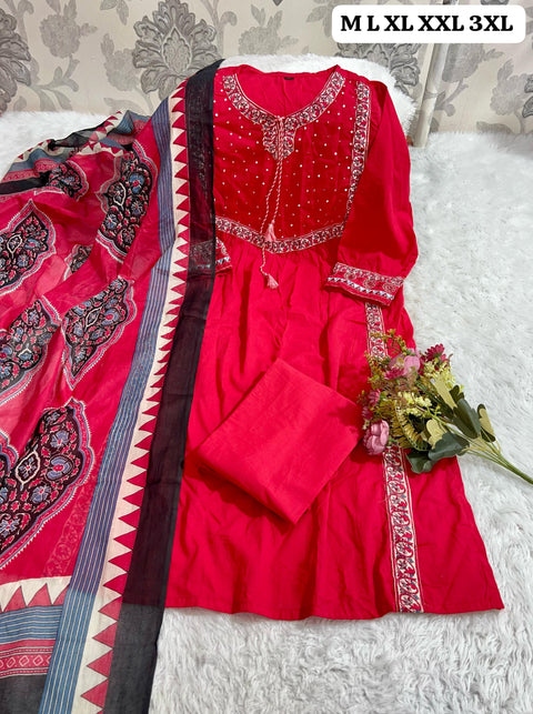 Elegant Cotton Blend Printed Kurti  Pant with Dupatta Suit