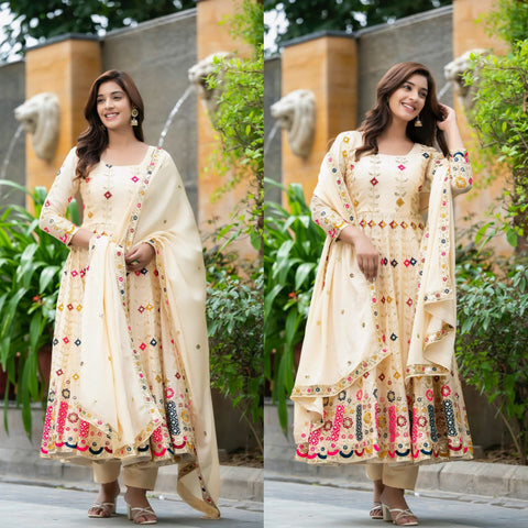 Chinon Silk Floral Butti Anarkali Gown with Tassel Dupatta