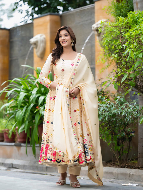 Chinon Silk Floral Butti Anarkali Gown with Tassel Dupatta