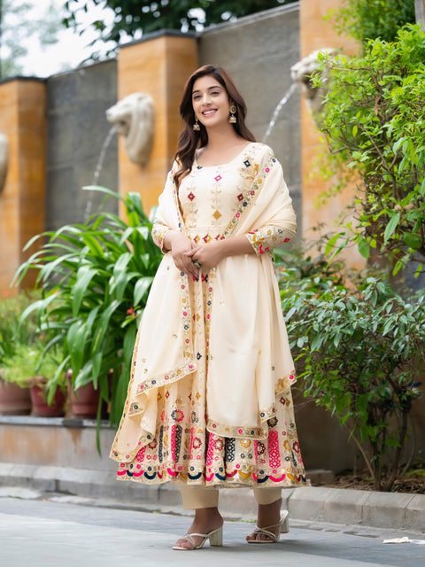 Chinon Silk Floral Butti Anarkali Gown with Tassel Dupatta