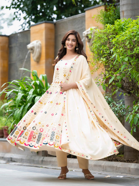 Chinon Silk Floral Butti Anarkali Gown with Tassel Dupatta