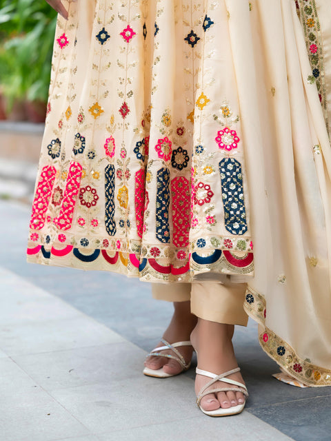 Chinon Silk Floral Butti Anarkali Gown with Tassel Dupatta