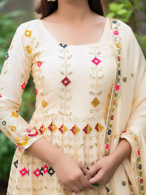 Chinon Silk Floral Butti Anarkali Gown with Tassel Dupatta