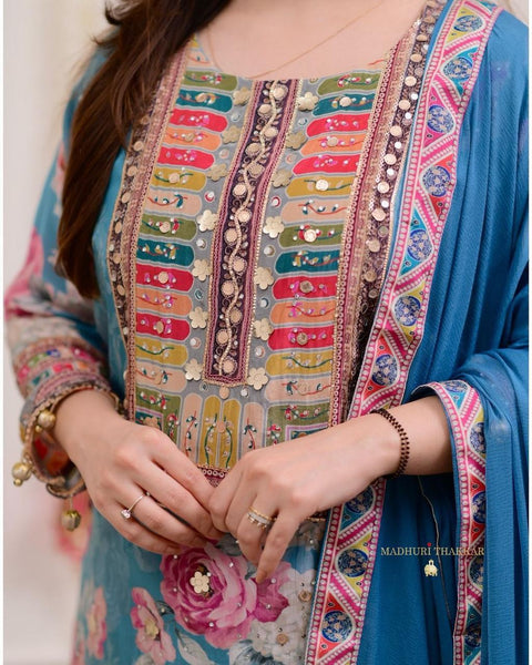 Modal Satin Kurti and Santoon Palazzo with Graceful Nazneen Dupatta