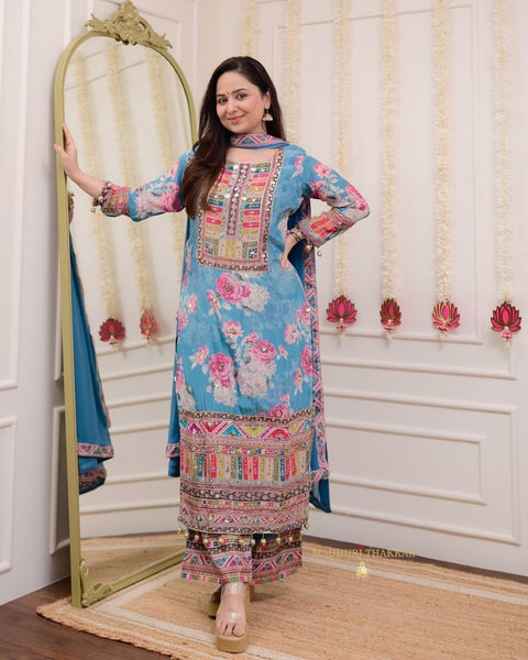 Modal Satin Kurti and Santoon Palazzo with Graceful Nazneen Dupatta