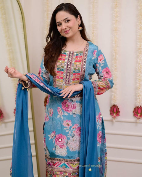 Modal Satin Kurti and Santoon Palazzo with Graceful Nazneen Dupatta