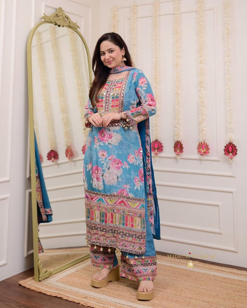 Modal Satin Kurti and Santoon Palazzo with Graceful Nazneen Dupatta