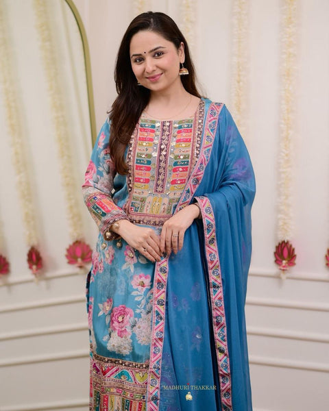 Modal Satin Kurti and Santoon Palazzo with Graceful Nazneen Dupatta