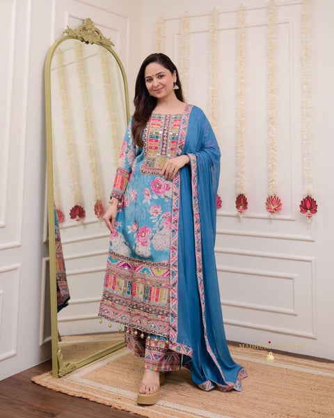 Modal Satin Kurti and Santoon Palazzo with Graceful Nazneen Dupatta