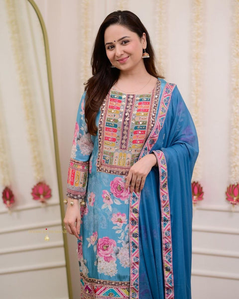 Modal Satin Kurti and Santoon Palazzo with Graceful Nazneen Dupatta