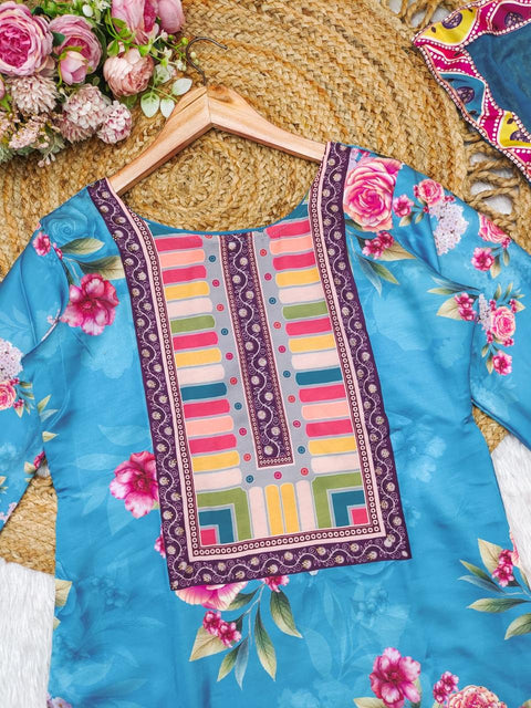 Modal Satin Kurti and Santoon Palazzo with Graceful Nazneen Dupatta