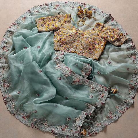 Sky Blue Wedding Saree With Heavy Coding Embroidery and Sequence Work