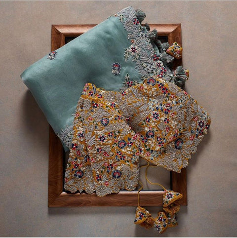 Sky Blue Wedding Saree With Heavy Coding Embroidery and Sequence Work