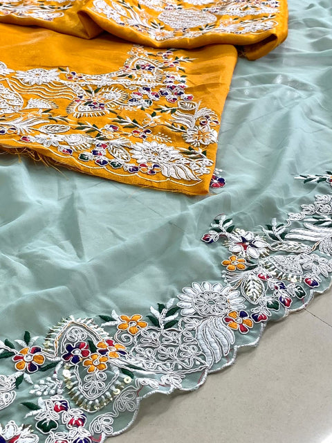 Sky Blue Wedding Saree With Heavy Coding Embroidery and Sequence Work