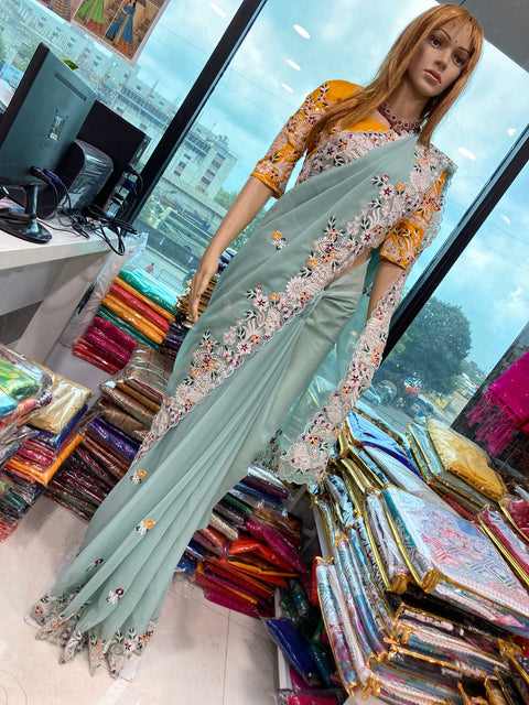 Sky Blue Wedding Saree With Heavy Coding Embroidery and Sequence Work