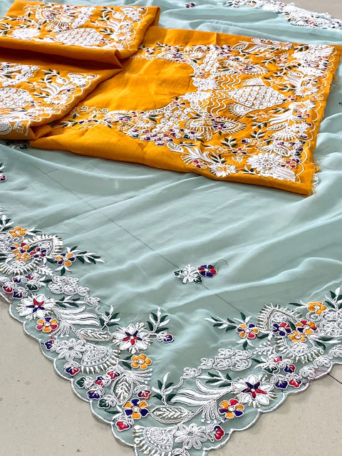 Sky Blue Wedding Saree With Heavy Coding Embroidery and Sequence Work