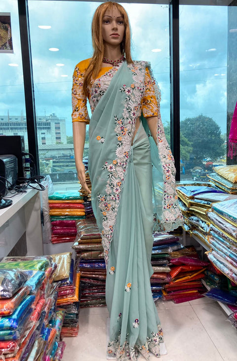 Sky Blue Wedding Saree With Heavy Coding Embroidery and Sequence Work