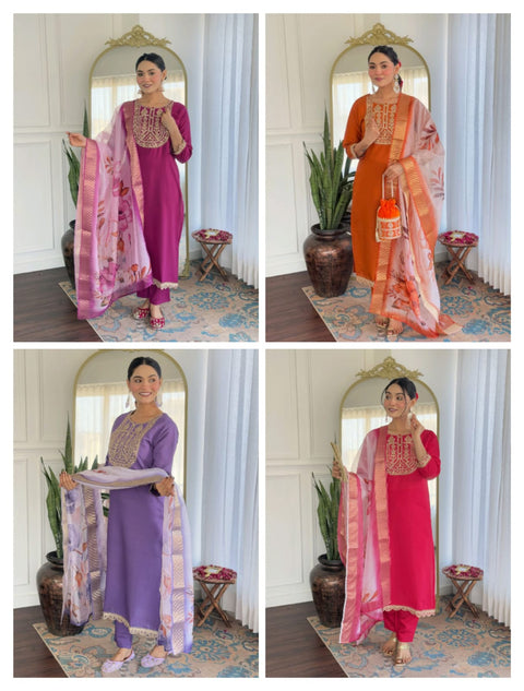 Viscose Chanderi Silk Embroidered kurta pant with Dupatta