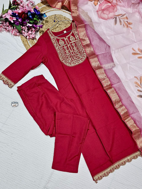 Viscose Chanderi Silk Embroidered kurta pant with Dupatta