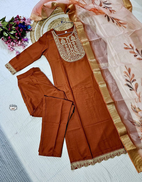 Viscose Chanderi Silk Embroidered kurta pant with Dupatta