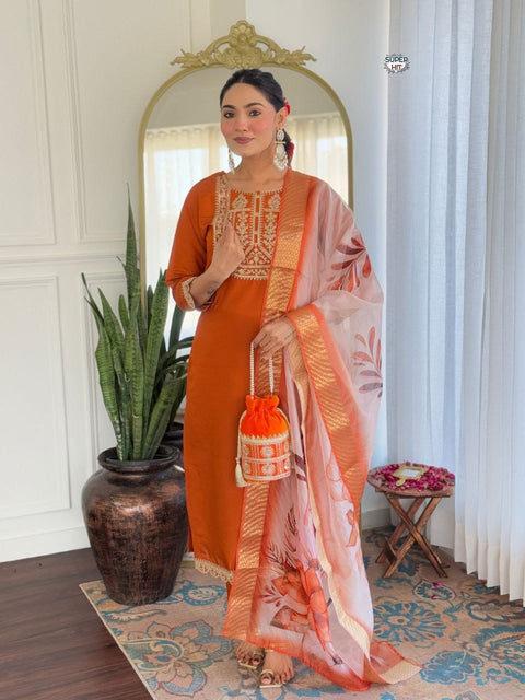 Viscose Chanderi Silk Embroidered kurta pant with Dupatta