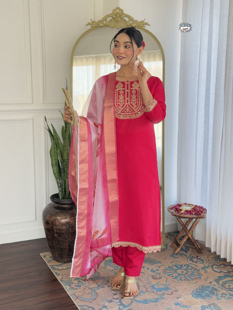 Viscose Chanderi Silk Embroidered kurta pant with Dupatta