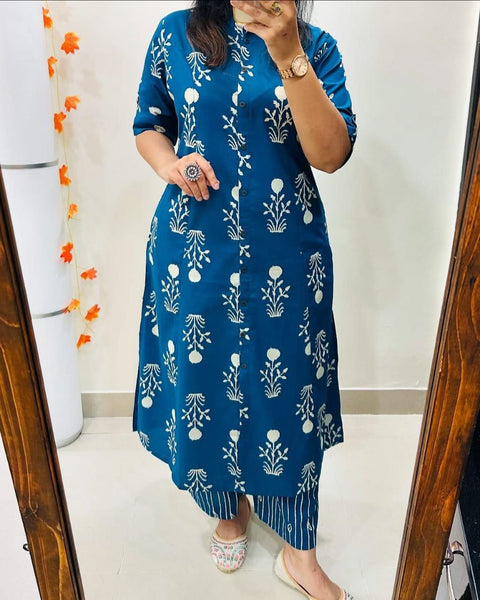 Floral Printed Sanganeri Pure Cotton Tunic With Trousers