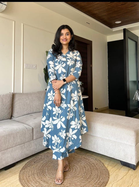 Floral Printed Sanganeri Pure Cotton Tunic With Trousers