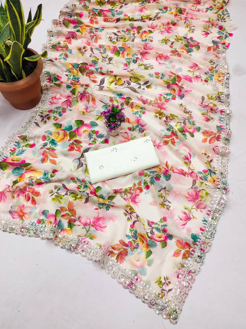 Chinnon Multi Print Saree With Unstitched Blouse