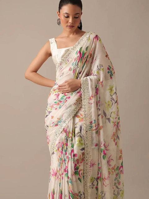 Chinnon Multi Print Saree With Unstitched Blouse