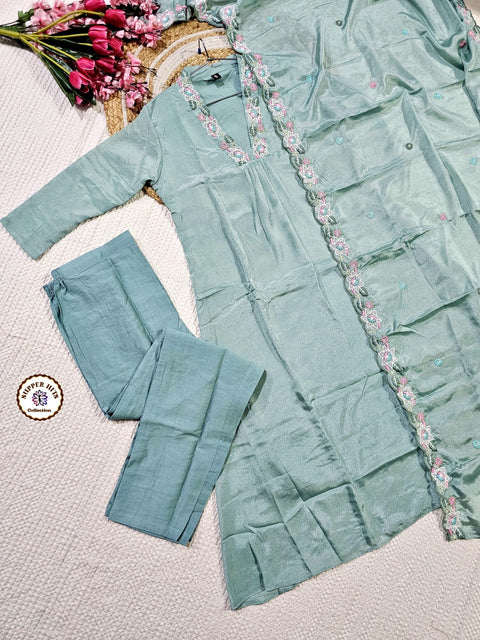 Women Silk Blend Embroidery Kurti, Trouser/Pant & Dupatta suit