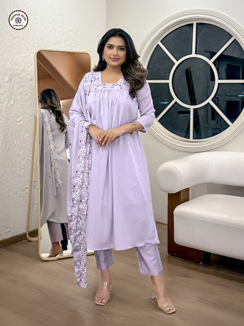 Women Silk Blend Embroidery Kurti, Trouser/Pant & Dupatta suit