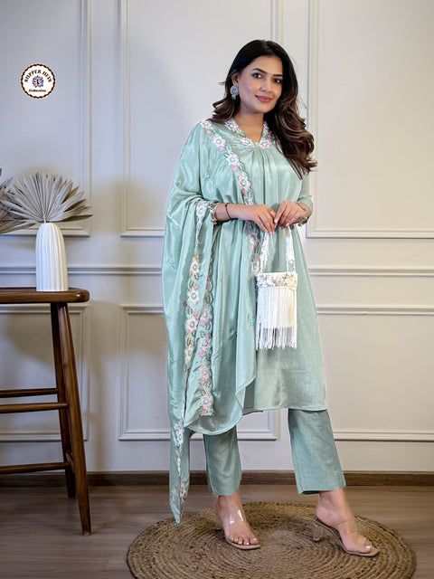 Women Silk Blend Embroidery Kurti, Trouser/Pant & Dupatta suit