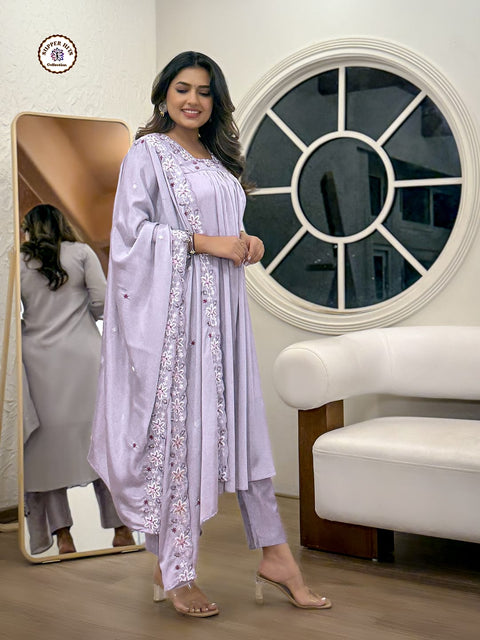 Women Silk Blend Embroidery Kurti, Trouser/Pant & Dupatta suit