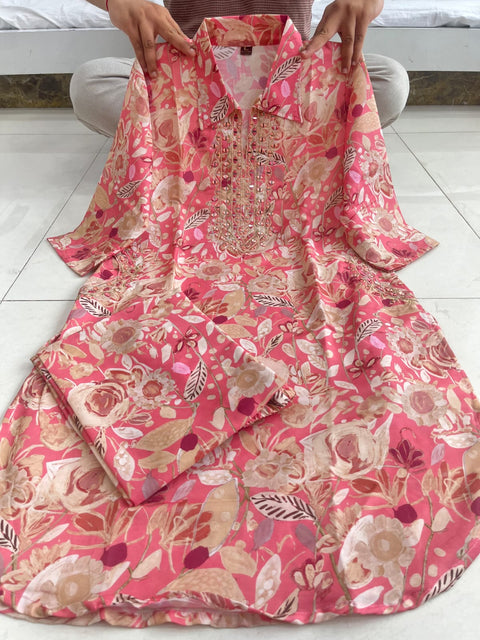 Premium Peach Mirror Hand Work Heavy Muslin Suit