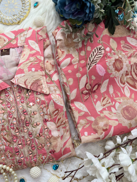 Premium Peach Mirror Hand Work Heavy Muslin Suit