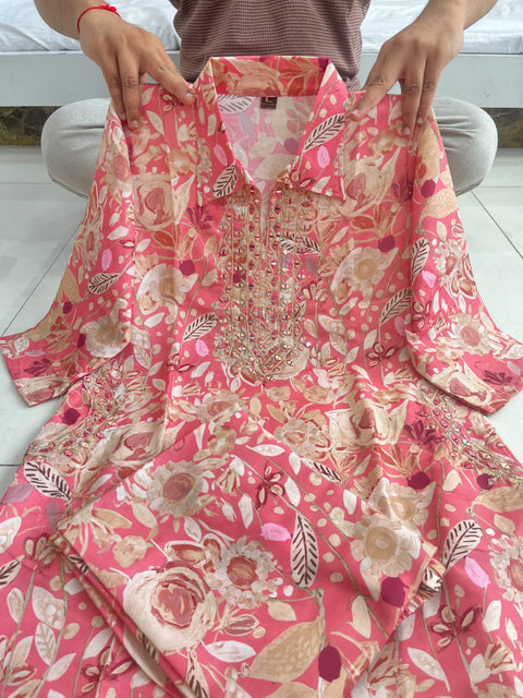Premium Peach Mirror Hand Work Heavy Muslin Suit