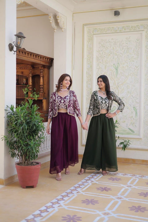 Premium Faux Georgette Koti Choli with Palazzo and Heavy Lace Embroidery
