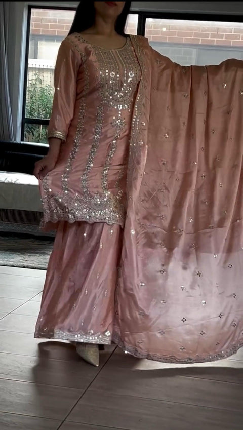 Presenting New Heavy Embroidery Sequence Work Top-Gharara And Dupatta