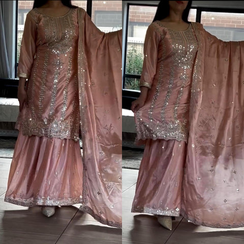 Presenting New Heavy Embroidery Sequence Work Top-Gharara And Dupatta