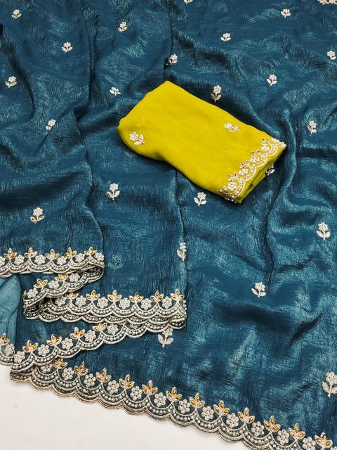 Gullak Satin Crape Fabrics saree with sequins Jari and diamond Border