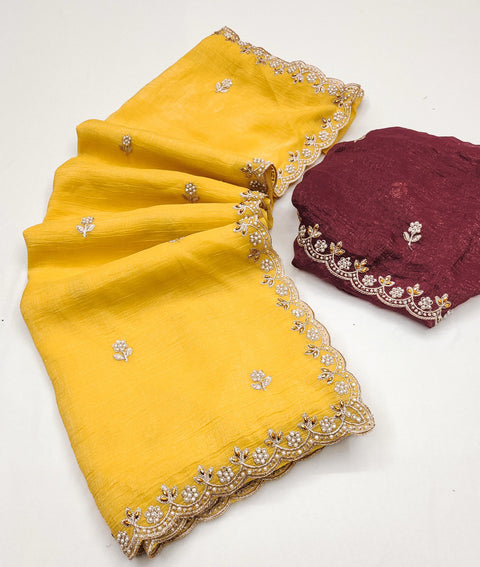 Gullak Satin Crape Fabrics saree with sequins Jari and diamond Border