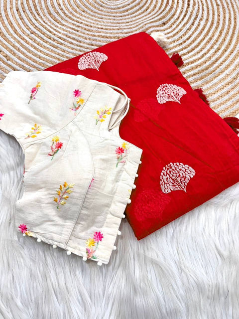 Premium soft handloom soft cotton with tassels with paired stiched blouses