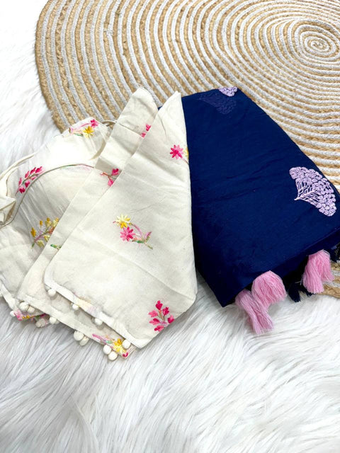Premium soft handloom soft cotton with tassels with paired stiched blouses