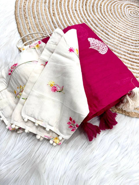 Premium soft handloom soft cotton with tassels with paired stiched blouses